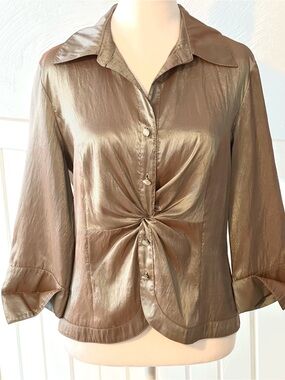Jackie Jon New York Metallic Taupe Twist Front Button Blouse Size 10 Vintage